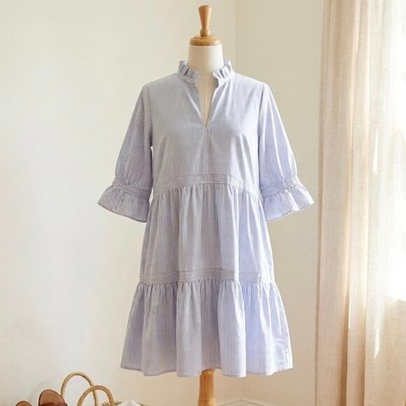 Gretchen Scott Designs Dresses & Skirts - Gretchen Scott Blue and White Striped "So Sweet" Cotton Ruffle Dress SzM Preppy
